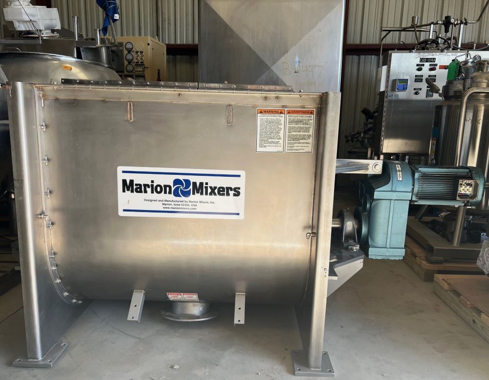 used Marion 30 cu.Ft. Paddle Blender, Stainless Steel Sanitary construction.   Model SPS-3648, S/N 11004.  Driven by a 10 HP, 208/360 volt, 60 cyc, 1770 rpm motor into gear reducer. Trough is 36